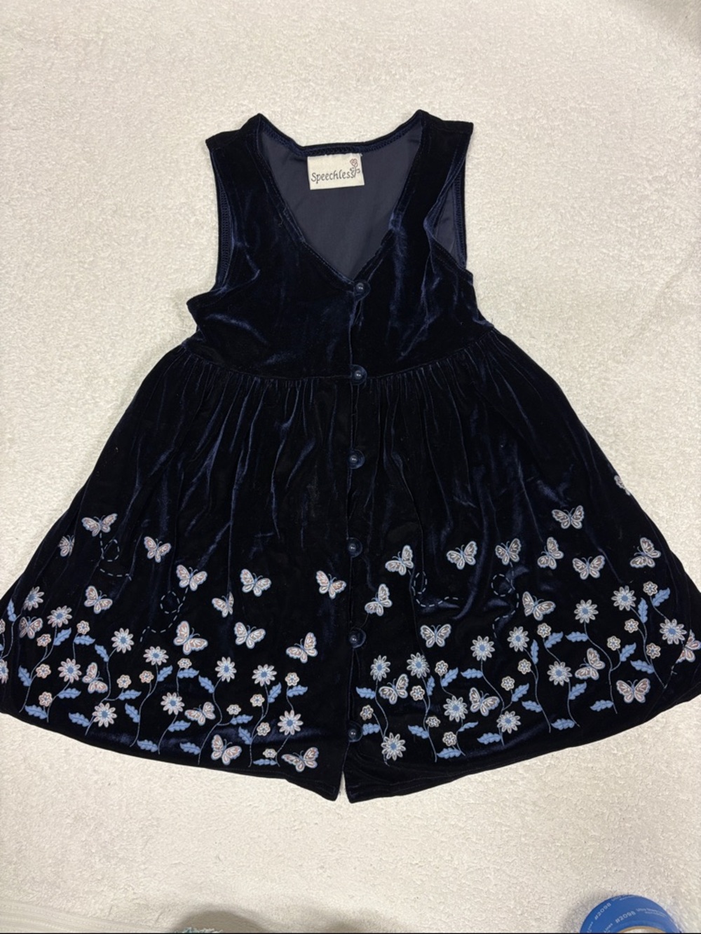 Speechless Navy Velvet Button-Front Dress with Embroidered Butterflies girls 6
